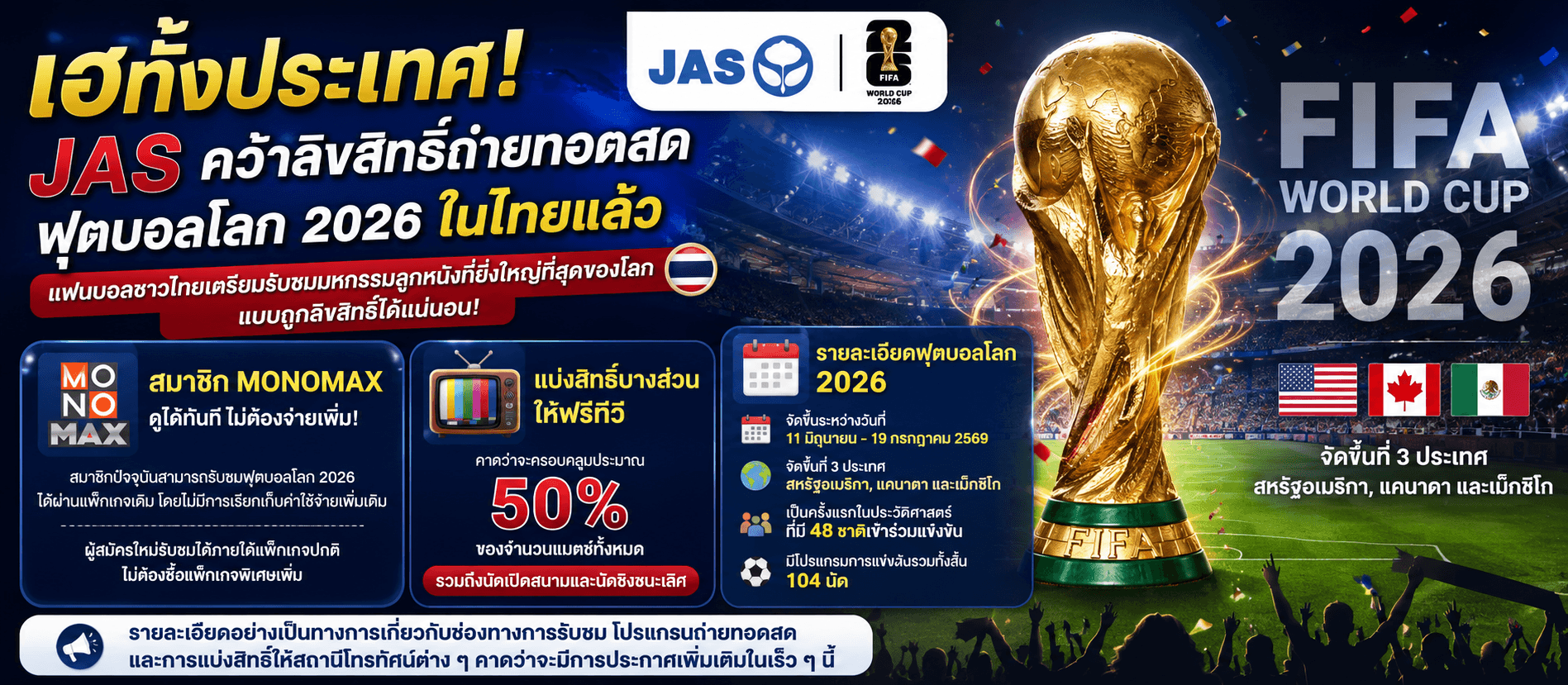 เฮทั้งประเทศ! JAS คว้าลิขสิทธิ์ถ่ายทอดสดบอลโลก 2026 ในไทยแล้ว